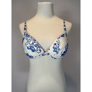 Athena Bikini Top Blue White Scroll Floral Underwire Size‎ 10 Made in the USA